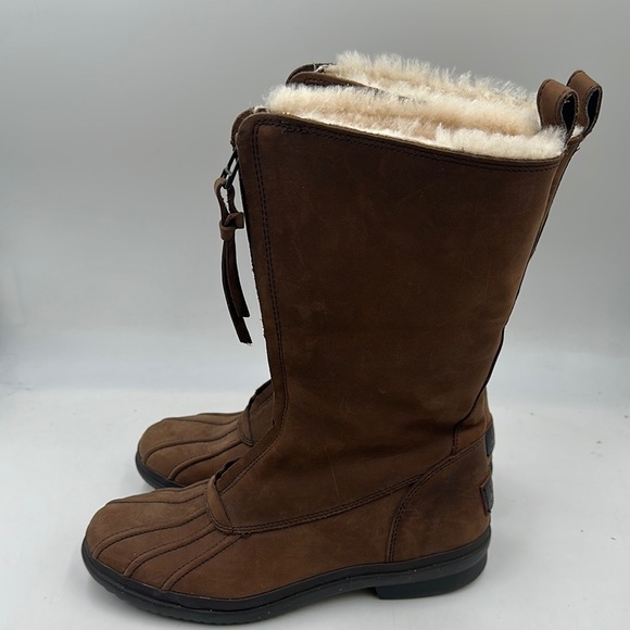 UGG Arquette Brown Leather Winter Boots Womens Size 8 Zip Sheepskin Cuff - Picture 5 of 8